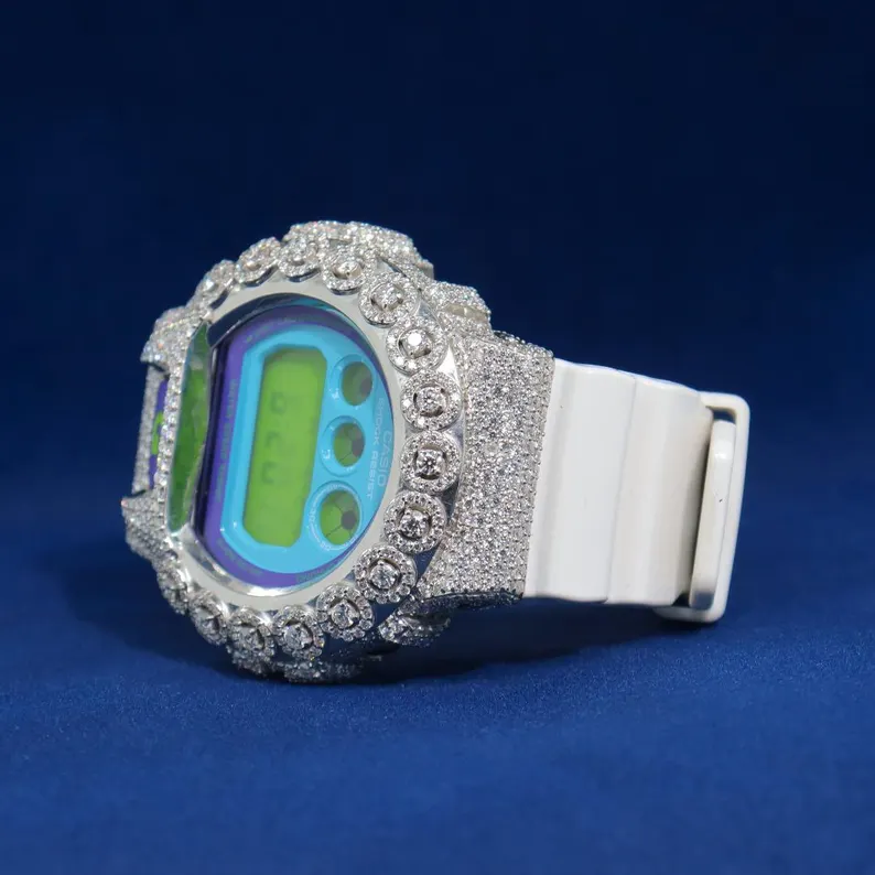 Luxury Custom G-Shock with Full White Rose Flower Moissanite Diamond Watch
