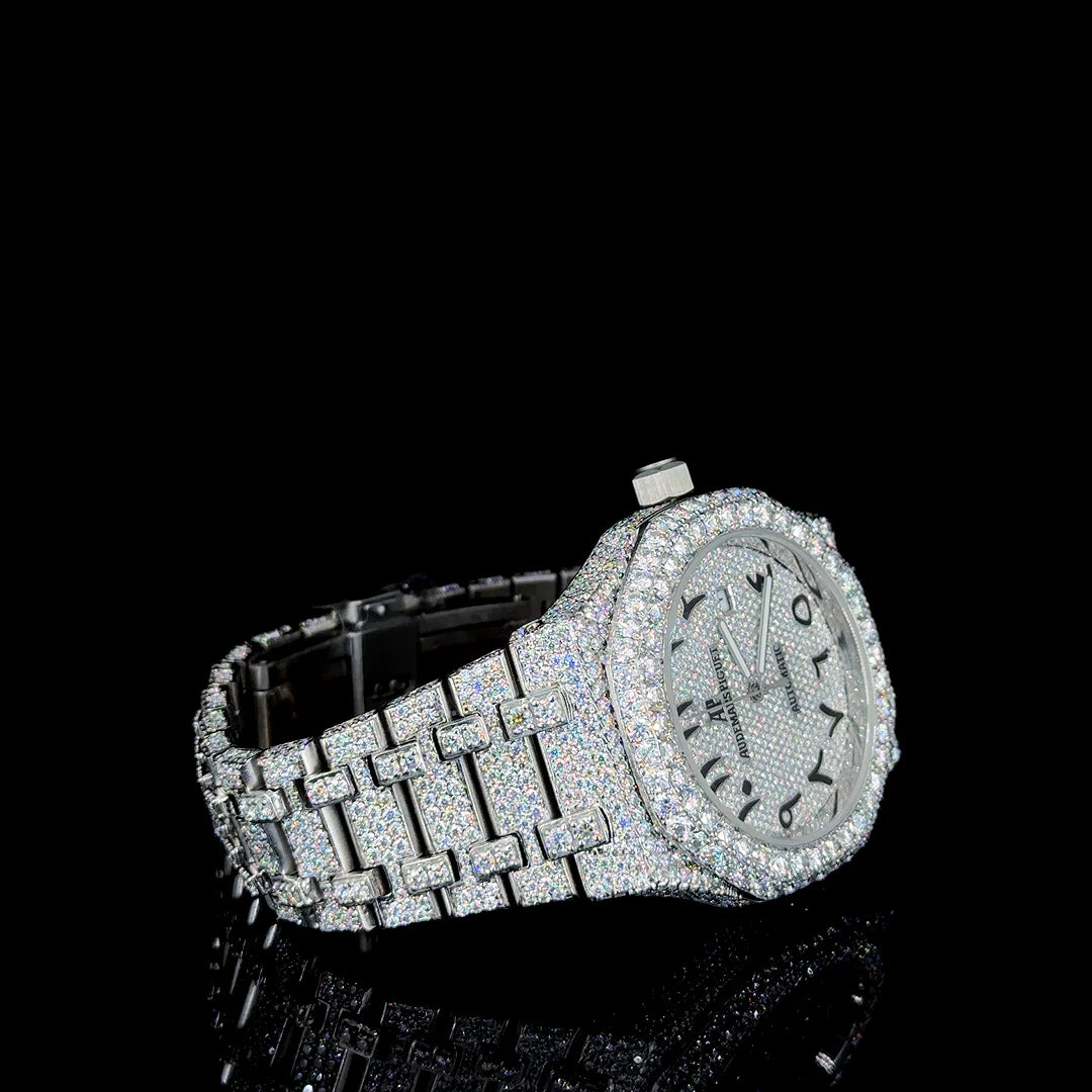 Audemars Piguet (AP) Luxury White with Black Arabic Dial Moissanite Diamond Watch