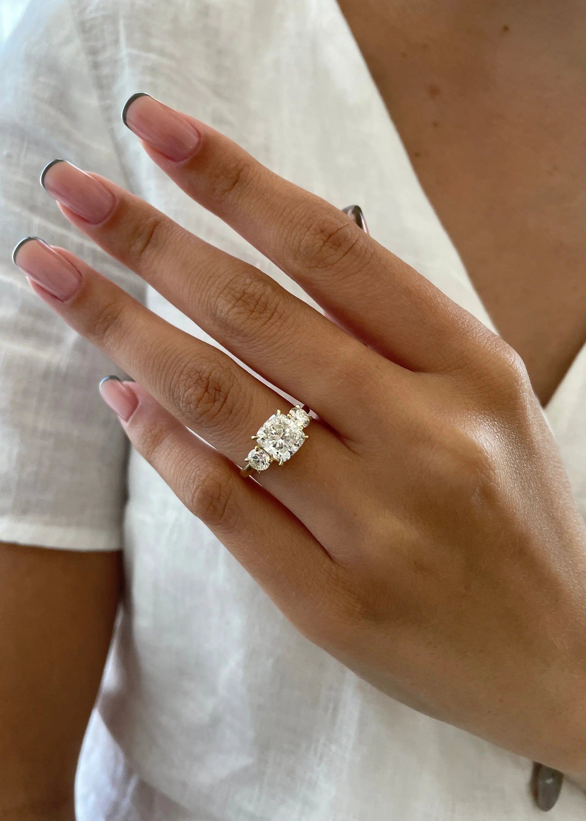 2.5ct Cushion D-VVS Lab Grown Diamond Three Stones Engagement Ring