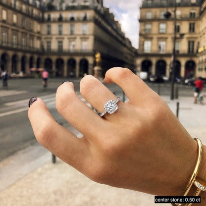 1.0 Ct Cushion Halo D- VVS Lab Grown Diamond Pave Engagement Ring