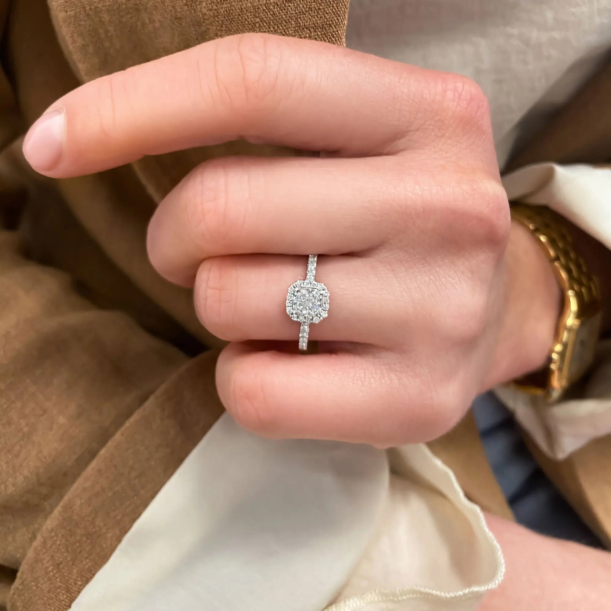 1.0 CT Cushion Halo D- VVS Lab Grown Diamond Pave Engagement Ring