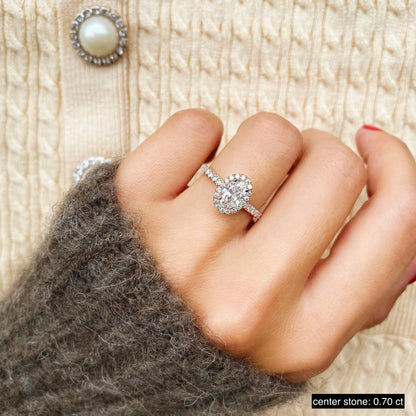 1.0 Ct Oval Cut Halo D- VVS Lab Grown Diamond Pave Engagement Ring