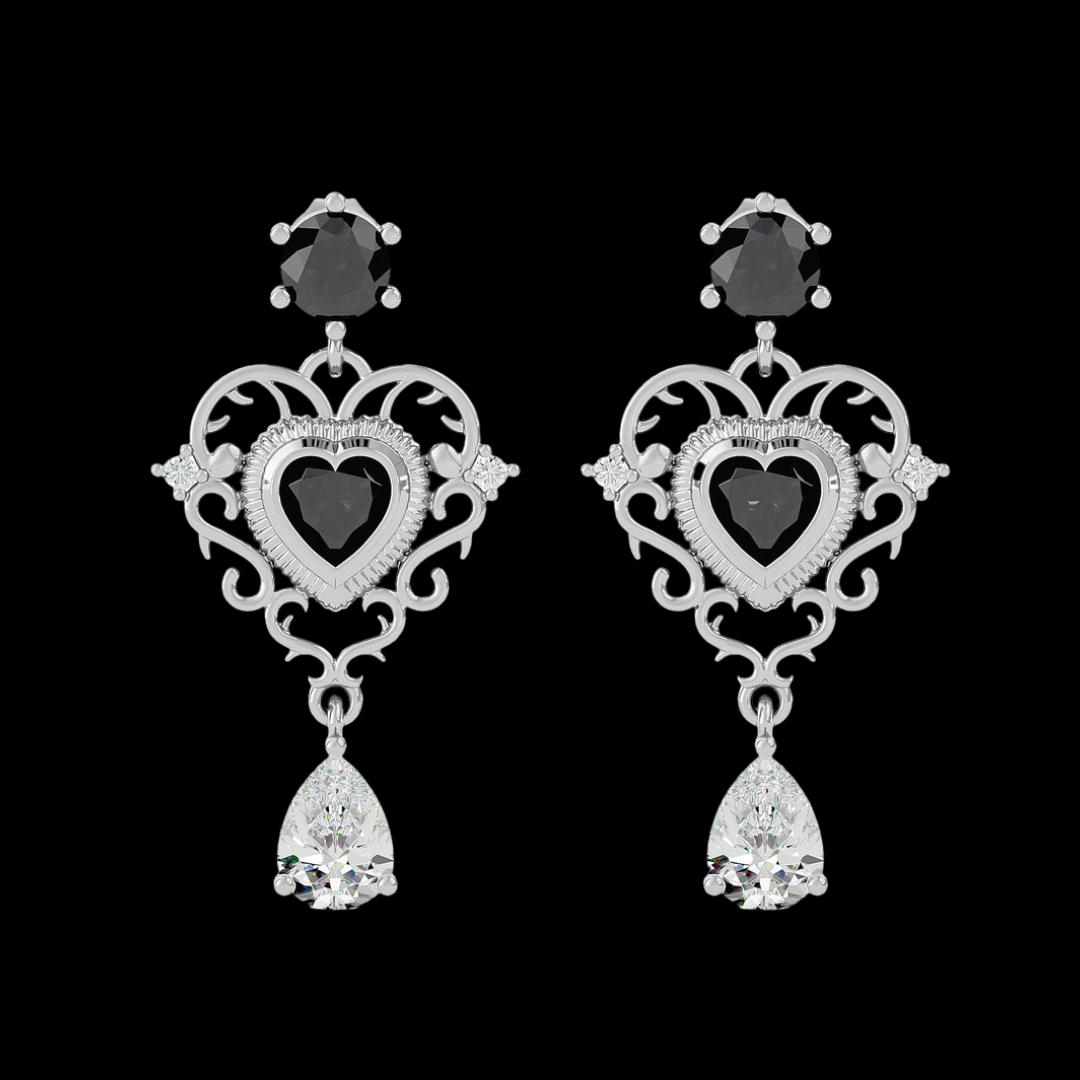 2.0 CT Pear Cut VVS Moissanite Diamond Black Stone Heart Errings