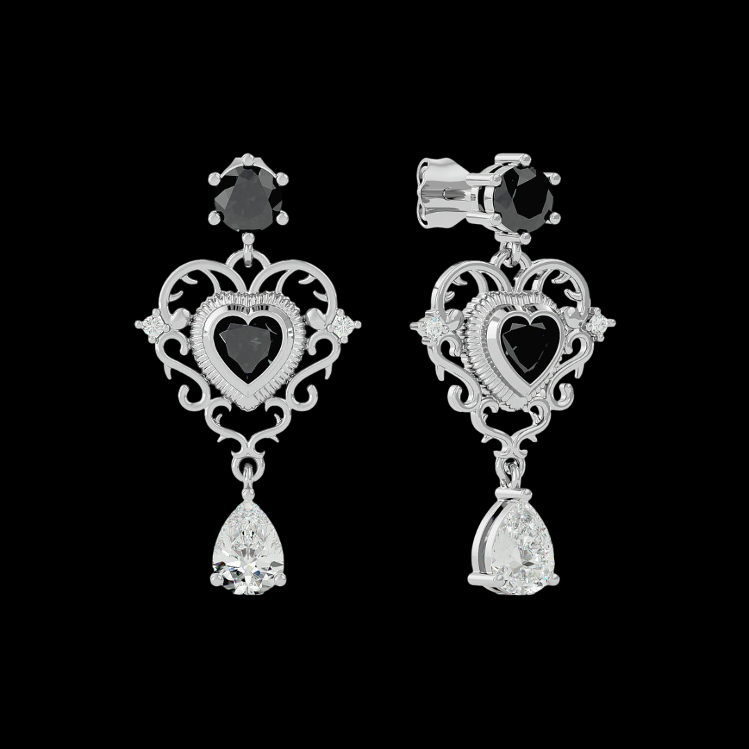 2.0 CT Pear Cut VVS Moissanite Diamond Black Stone Heart Errings