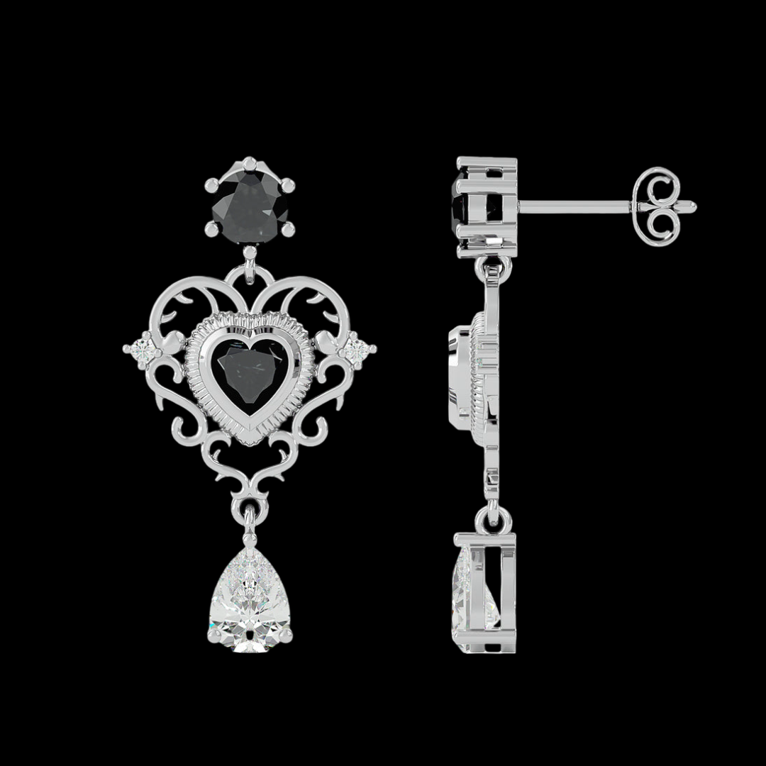 2.0 CT Pear Cut VVS Moissanite Diamond Black Stone Heart Errings