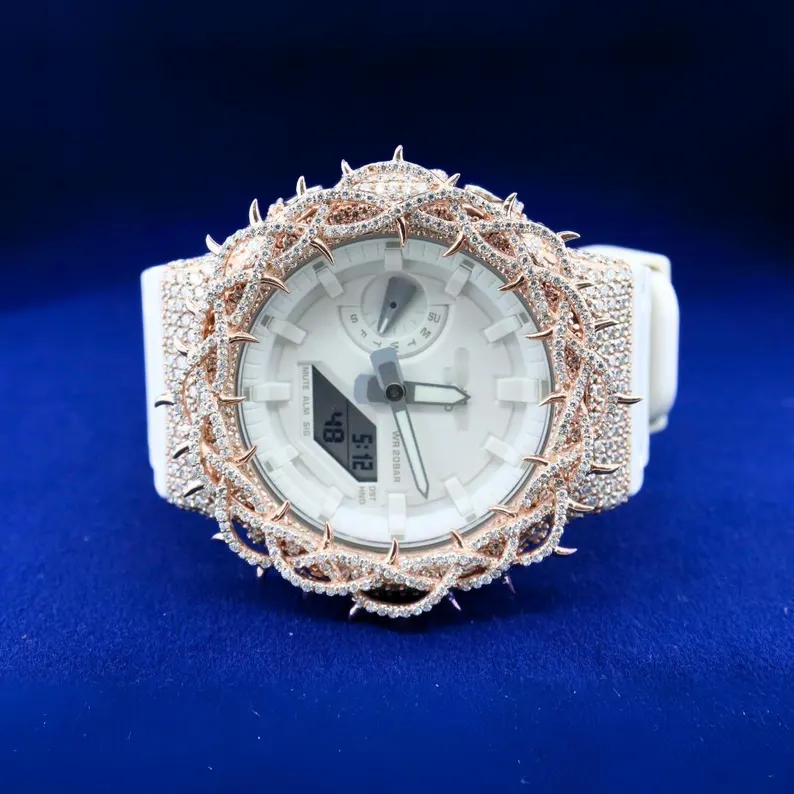 Iced-Out G-Shock with Rose White Thrones Moissanite Diamond Watch