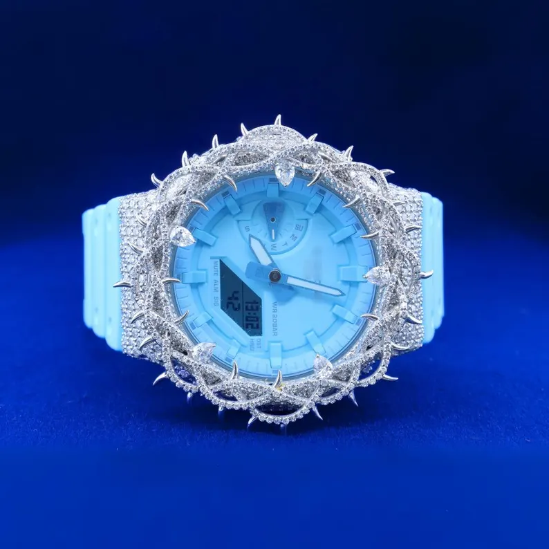 Luxury Custom Moissanite Blinged-Out G-Shock Watch with Full White Rose Flower Diamond Case