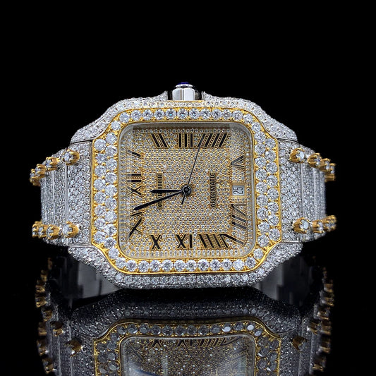 Luxury Cartier Gold Roman Dial Moissanite Diamond Watch