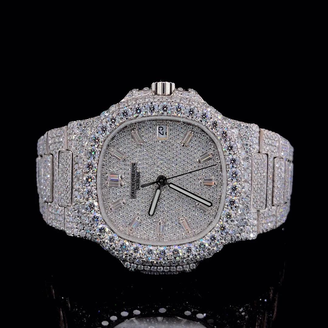 Luxury Patek Philippe Fully Iced-Out Moissanite Diamond Silver Watch