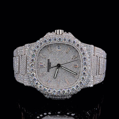 Luxury Patek Philippe Fully Iced-Out Moissanite Diamond Silver Watch
