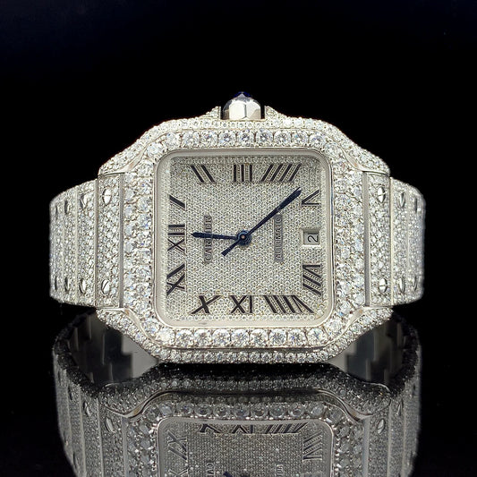 Luxury Cartier Silver with Roman Dial Diamond Watch