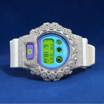 Luxury Custom G-Shock with Full White Rose Flower Moissanite Diamond Watch