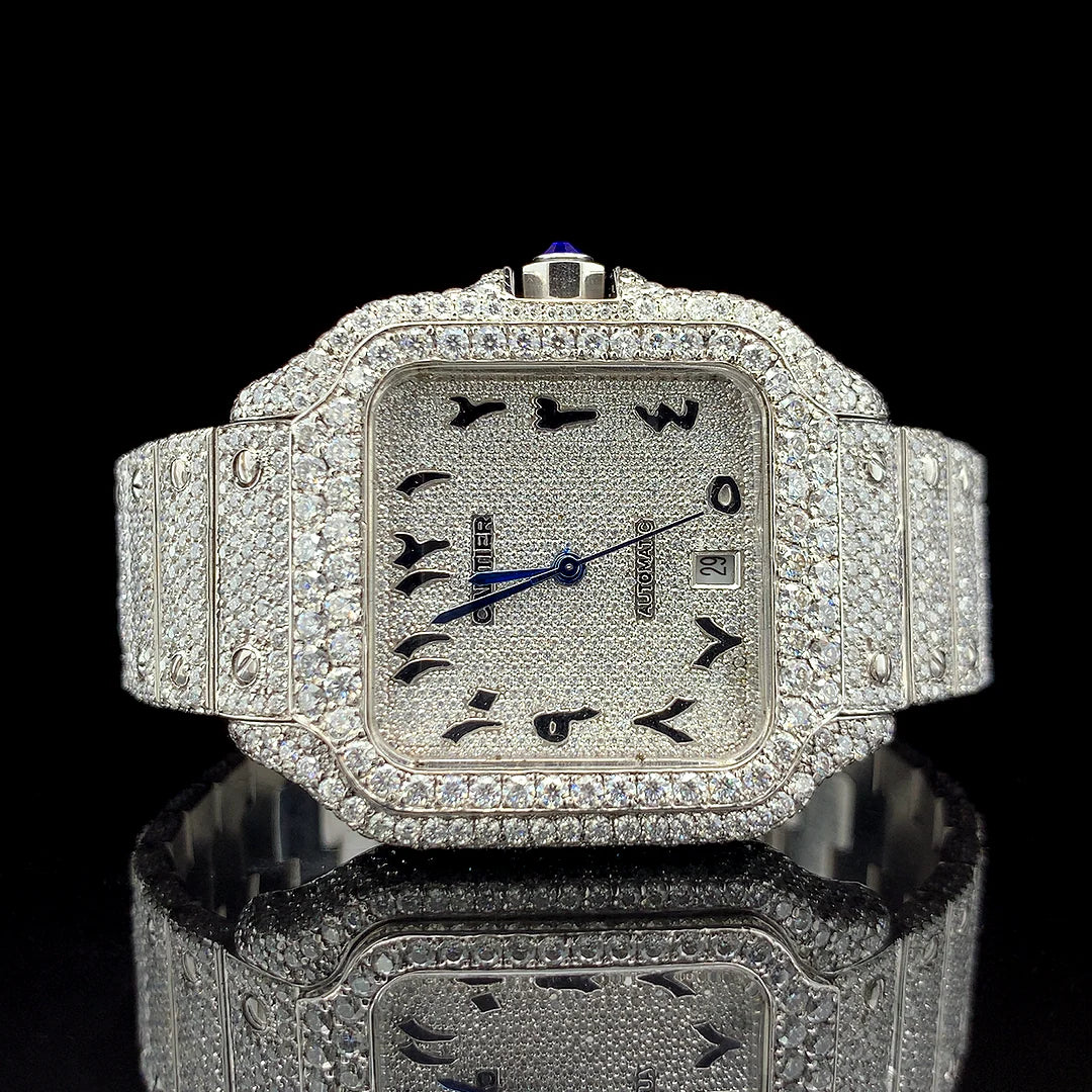 LUXURY CARTIER SILVER WITH ARABIC DIAL DIAMOND WATCH