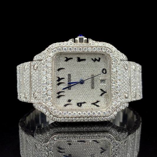 LUXURY CARTIER SILVER WITH ARABIC DIAL DIAMOND WATCH