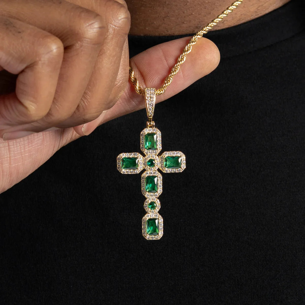 Iced Out Emerald Moissanite VVS Color Diamond Custom Cross Pendant