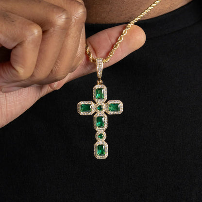 Iced Out Emerald Moissanite VVS Color Diamond Custom Cross Pendant