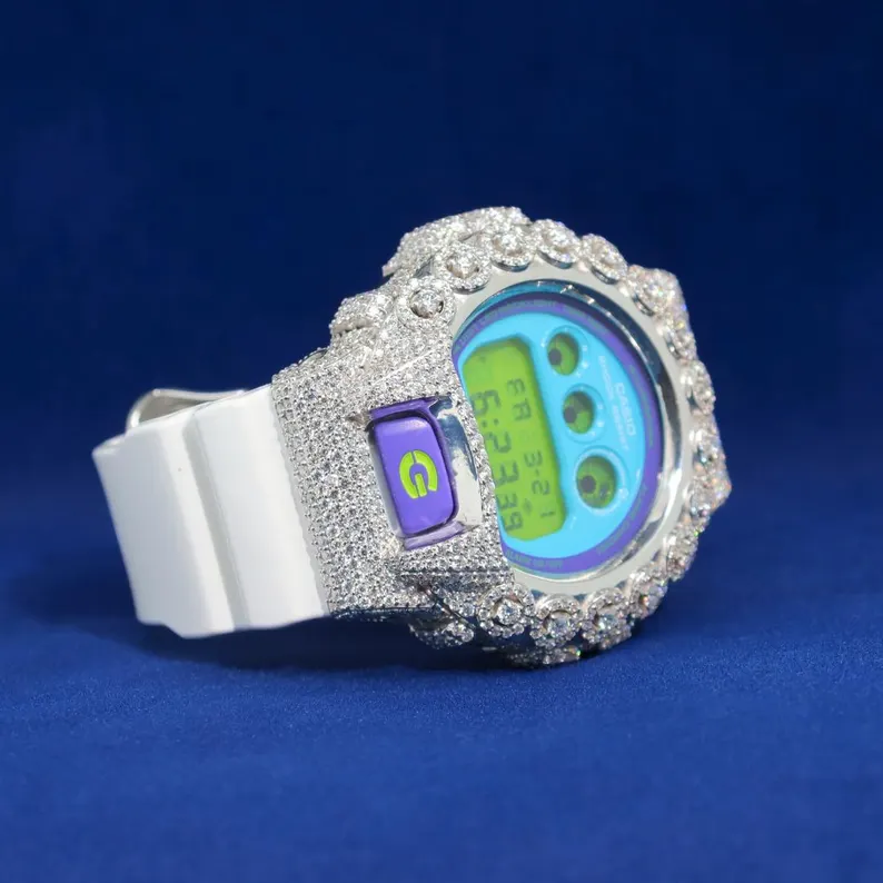 Luxury Custom G-Shock with Full White Rose Flower Moissanite Diamond Watch