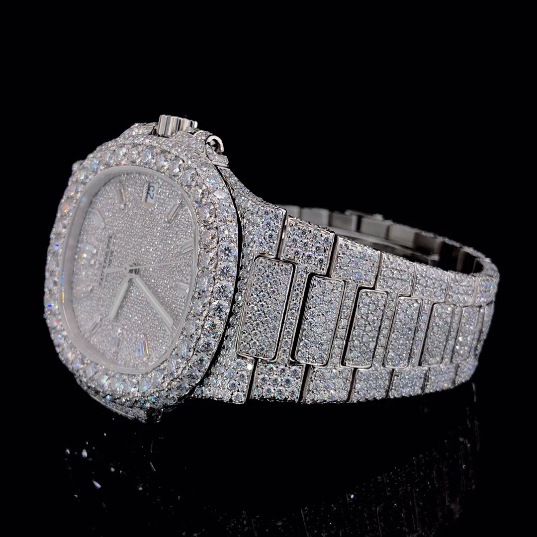 Luxury Patek Philippe Fully Iced-Out Moissanite Diamond Silver Watch