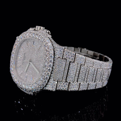 Luxury Patek Philippe Fully Iced-Out Moissanite Diamond Silver Watch