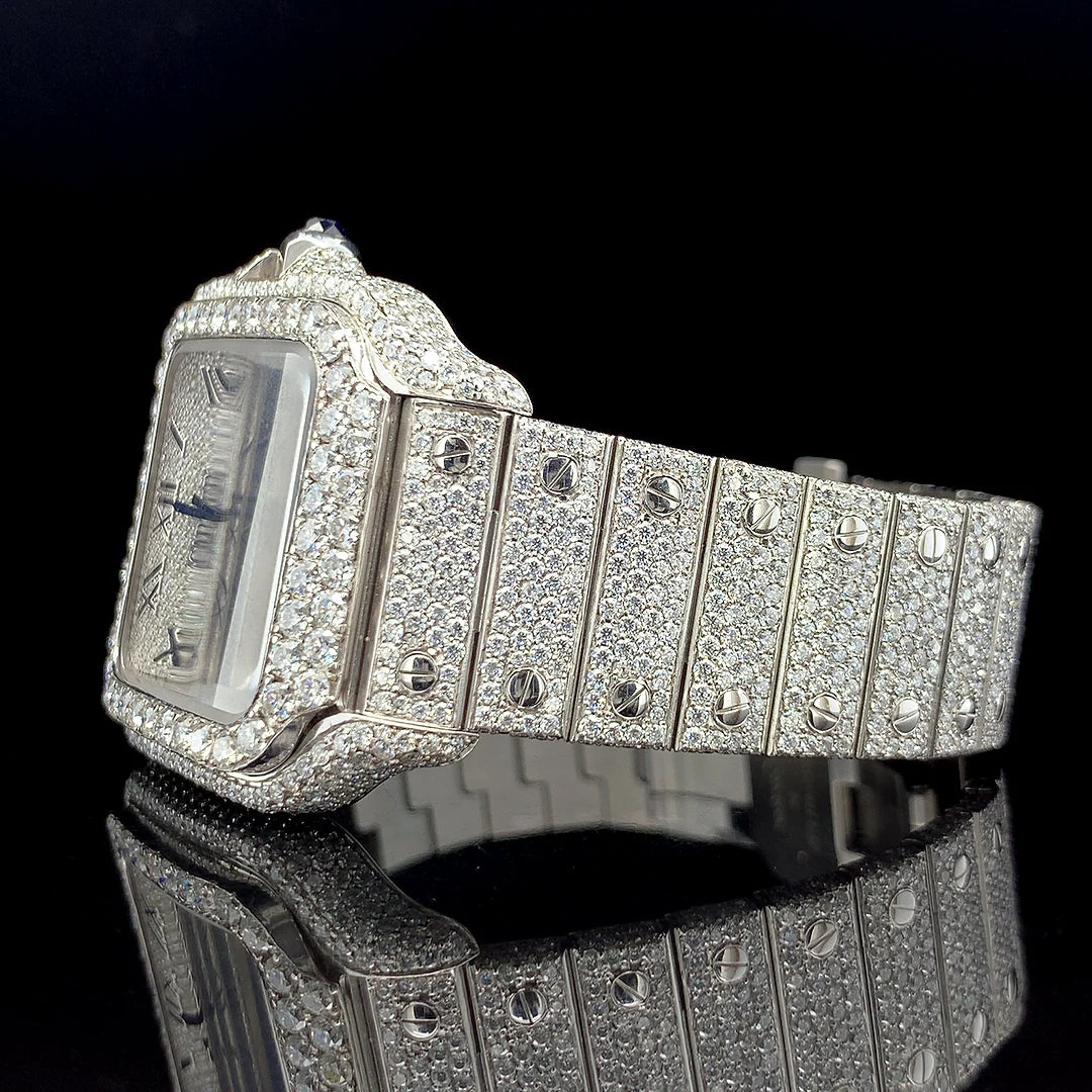 Luxury Cartier Silver with Roman Dial Diamond Watch