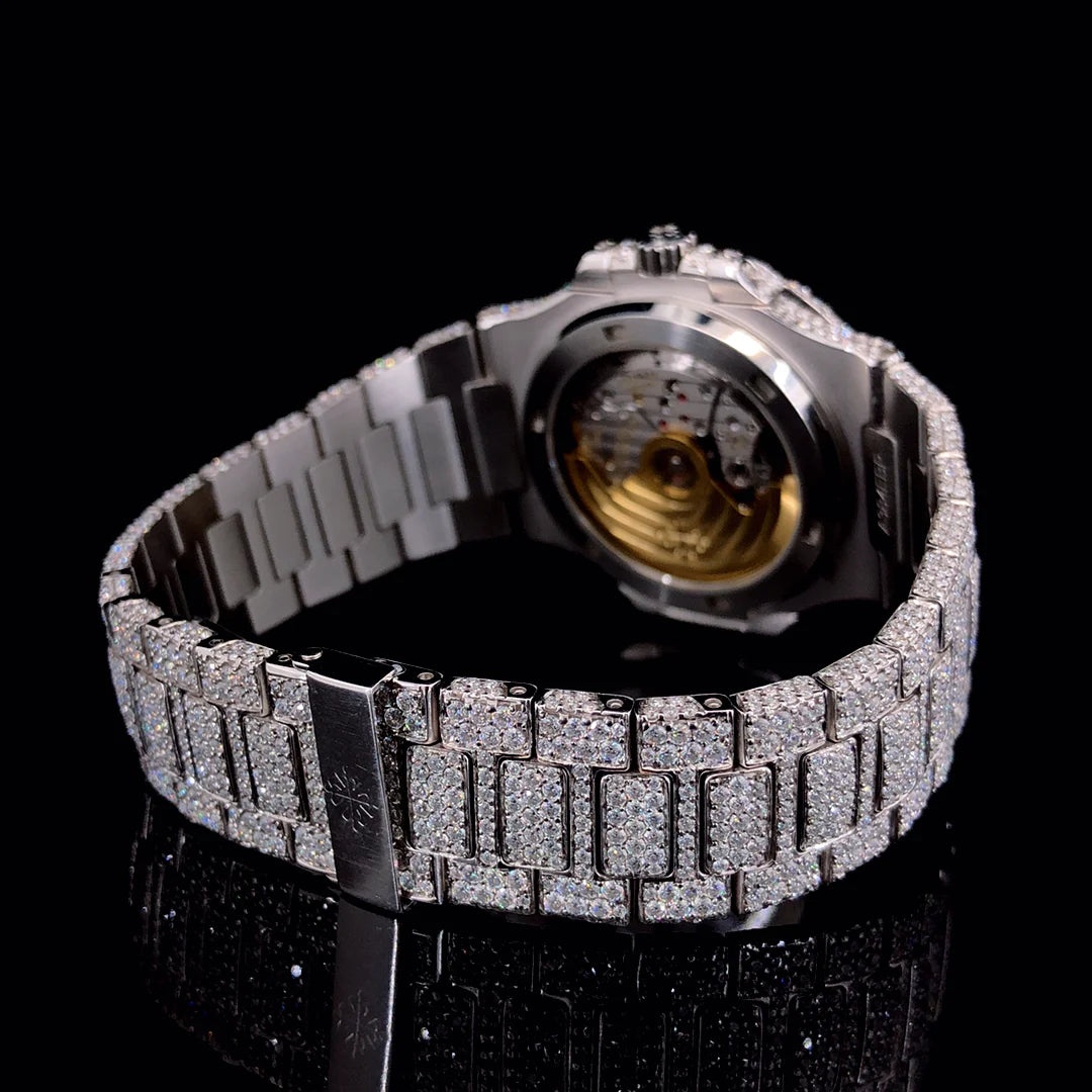 Luxury Patek Philippe Fully Iced-Out Moissanite Diamond Silver Watch