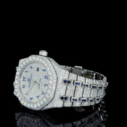 Audemars Piguet Full White & Blue Ruby with Arabic Dial Moissanite Diamond Watch