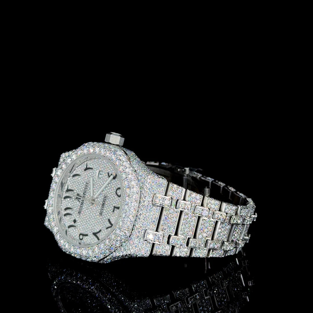 Audemars Piguet (AP) Luxury White with Black Arabic Dial Moissanite Diamond Watch
