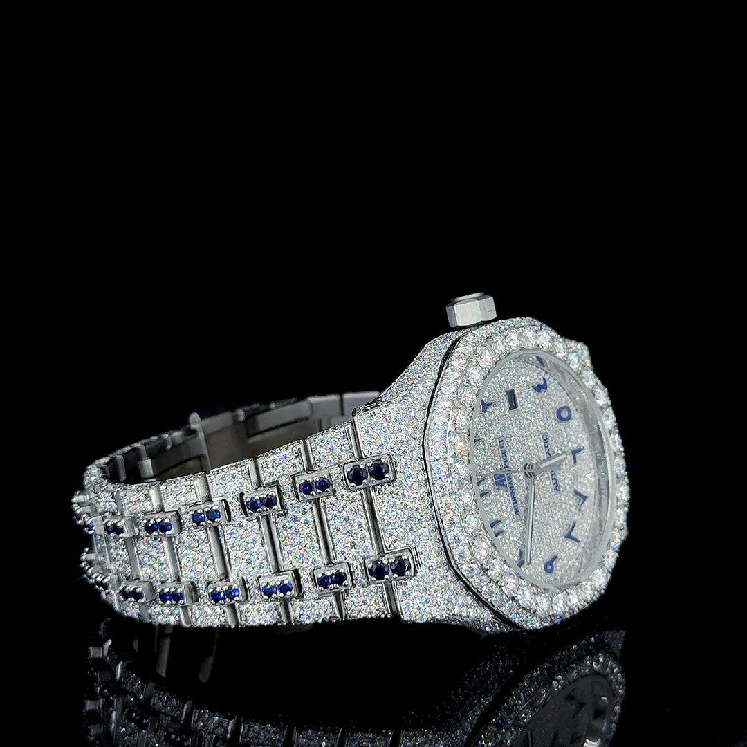 Audemars Piguet Full White & Blue Ruby with Arabic Dial Moissanite Diamond Watch
