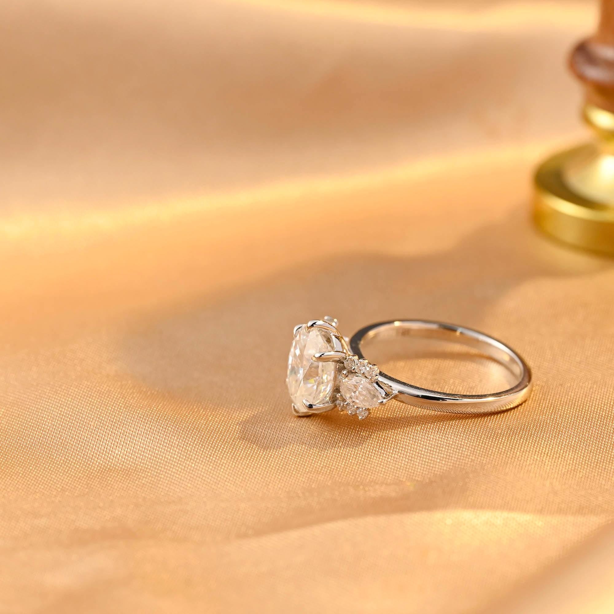 Solid Gold Three Stone Oval Cut Moissanite Engagement Ring, Side Cluster Wedding Ring