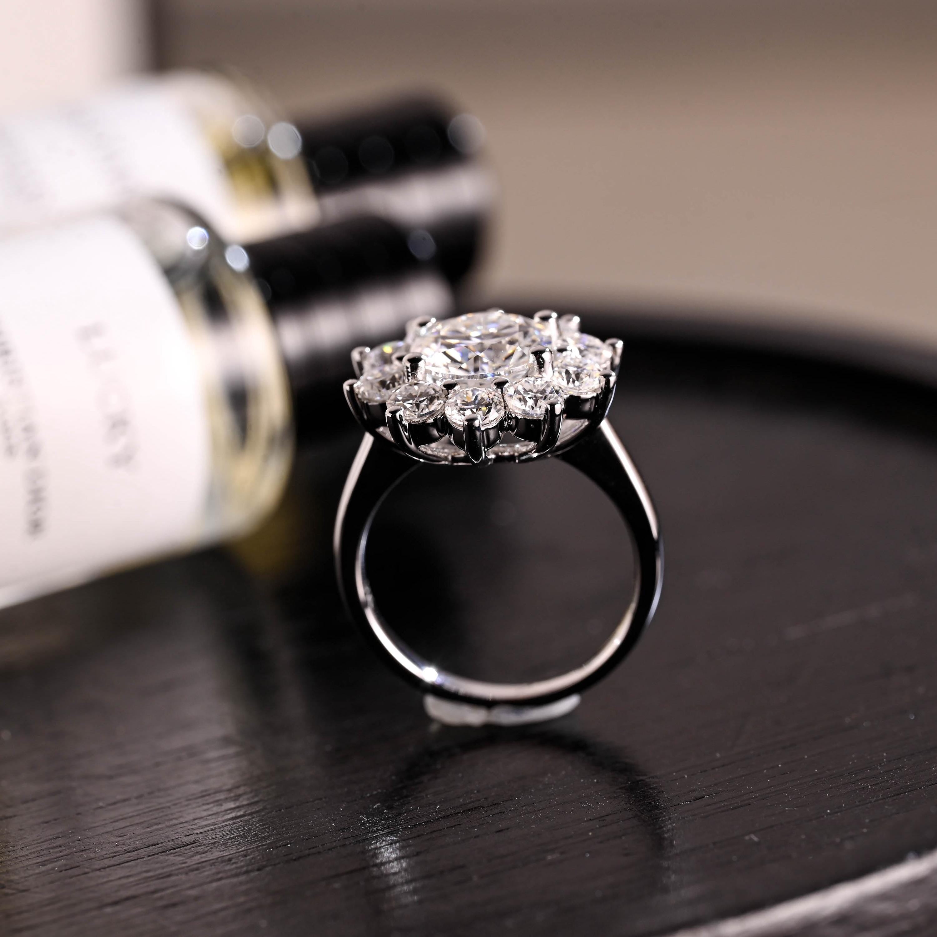 Solid Gold Low Profile Sunflower Cluster Round Cut Moissanite Engagement Ring
