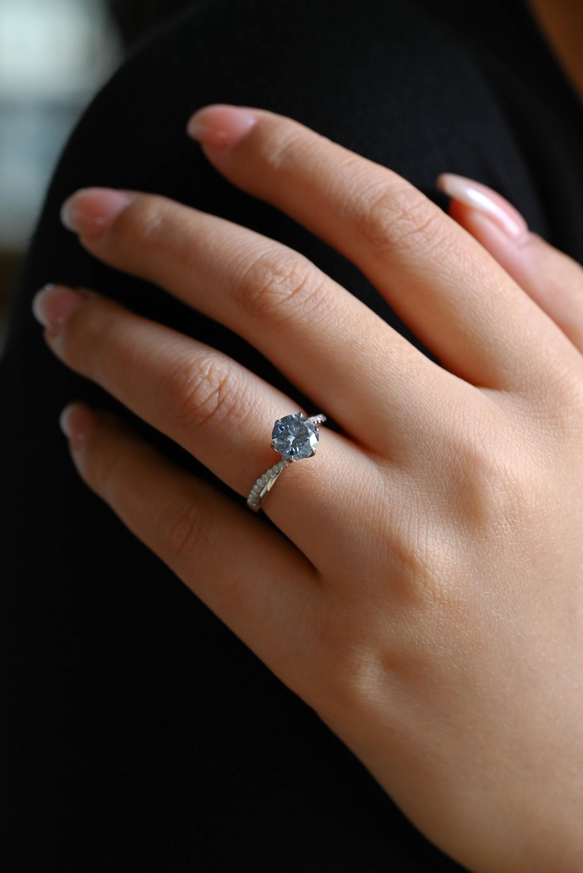 Solid Gold Round Cut Blue Moissanite Engagement Ring, Pave Band Wedding Ring, Birthday Gift for Women