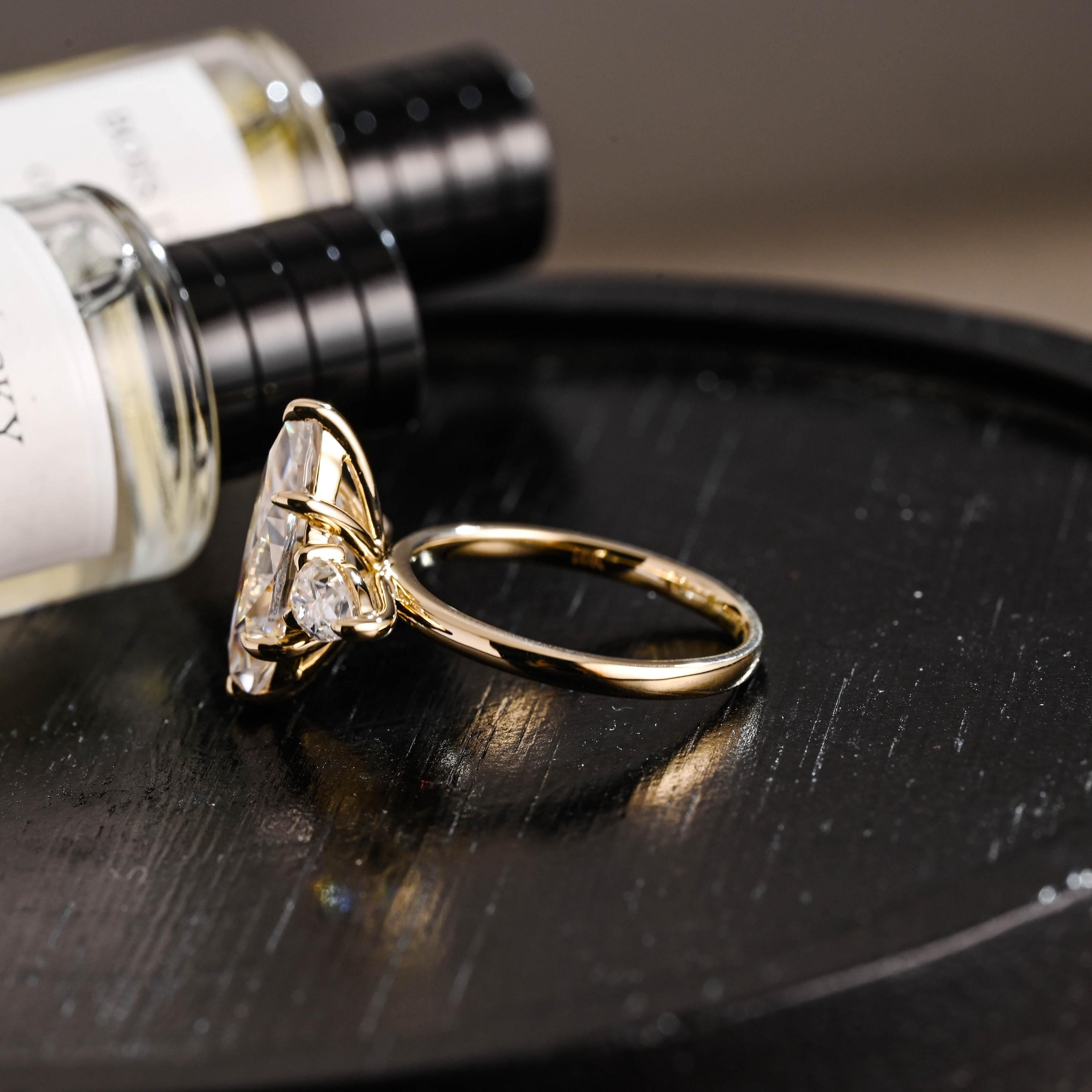 Solid Gold Marquise Moissanite Three Stone Engagement Ring, Pear Cut Accent Promise Ring