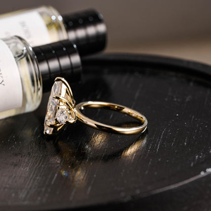 Solid Gold Marquise Moissanite Three Stone Engagement Ring, Pear Cut Accent Promise Ring
