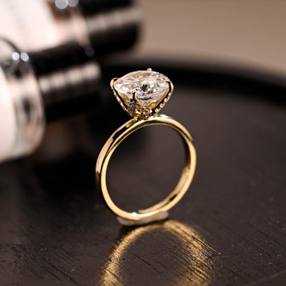 Crushed Ice Moissanite Engagement Ring, Tulip Setting, Solid Gold Hidden Halo