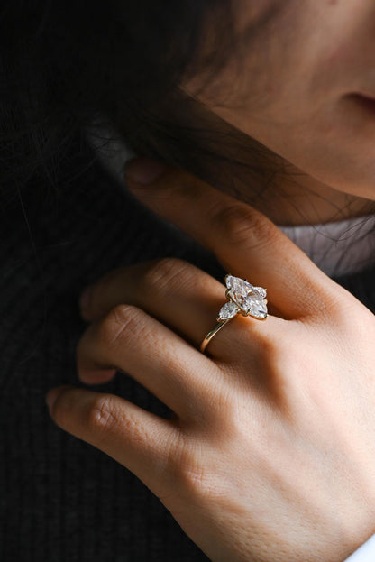 Solid Gold Marquise Moissanite Three Stone Engagement Ring, Pear Cut Accent Promise Ring