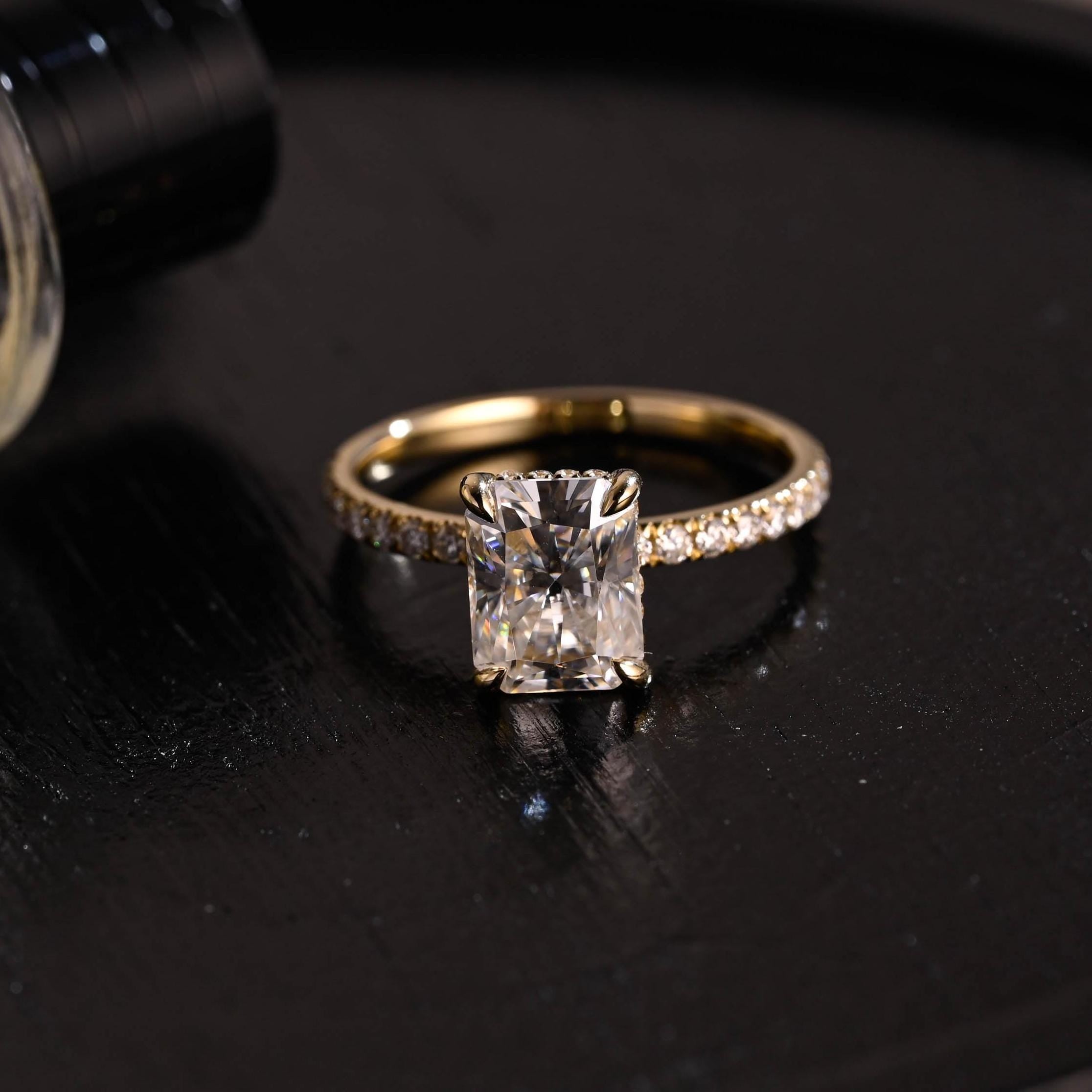 Solid Gold Half Pave Hidden Halo Radiant Cut Moissanite Engagement Ring