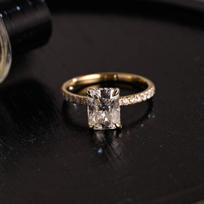 Solid Gold Half Pave Hidden Halo Radiant Cut Moissanite Engagement Ring