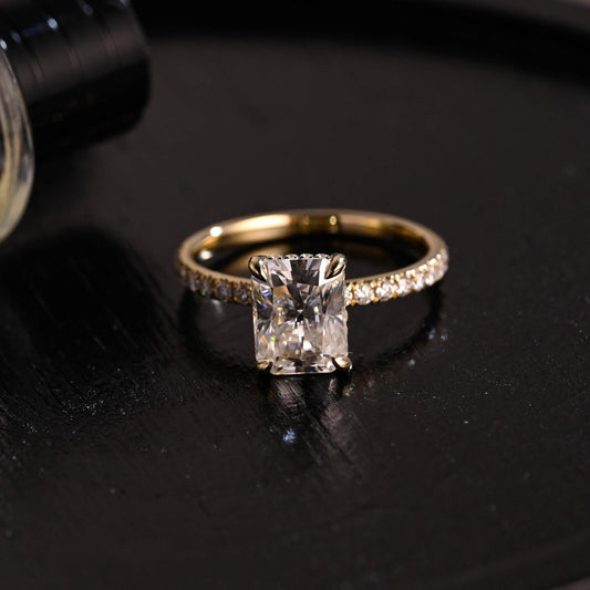 Solid Gold Half Pave Hidden Halo Radiant Cut Moissanite Engagement Ring