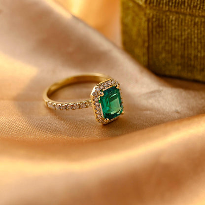 Lab Grown Emerald Engagement Ring, Vintage Style Halo Pave Moissanite Wedding Ring, Anniversary Gemstone Ring, Moissanite Gift, Emerald Ring