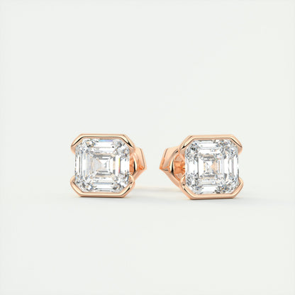 1.0CT Half Bezel Asscher Solitaire D-VVS Lab Grown Diamond Earrings