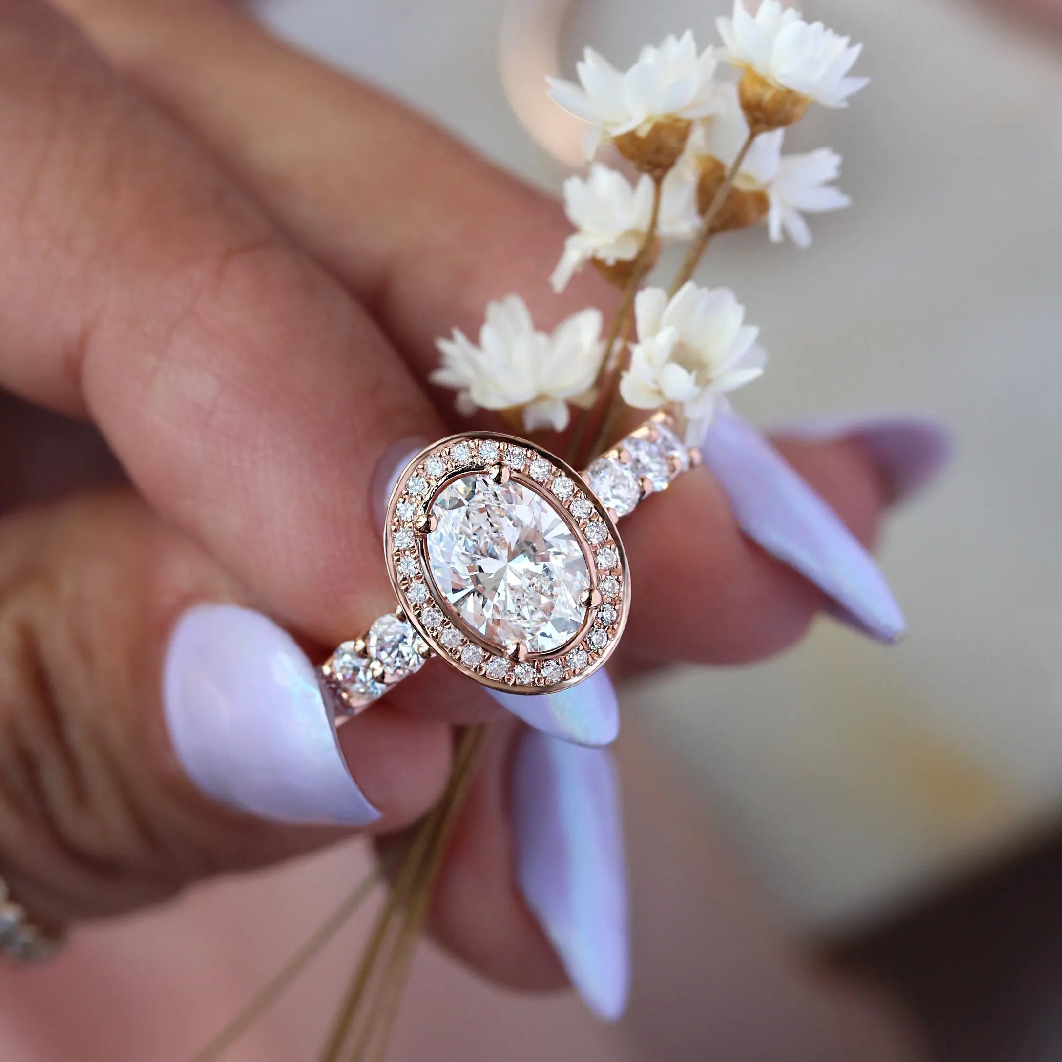 1.50 ct Oval D- VVSLab Grown Diamond Unique Halo Engagement Ring