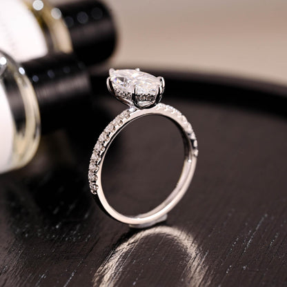 Solid Gold Hidden Halo Marquise Moissanite Engagement Ring, Half Pave Band Ring