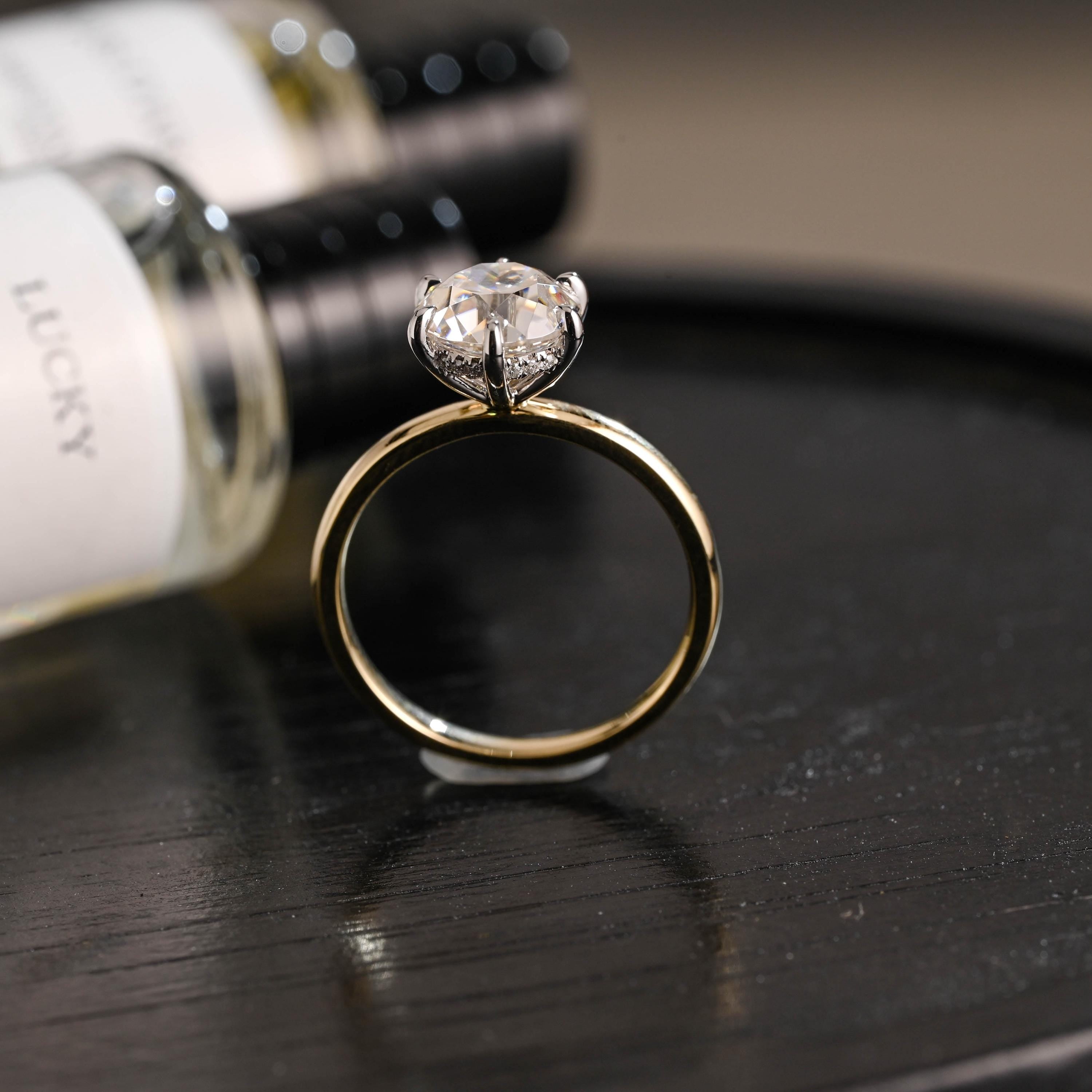 Two-Tone Solid Gold Round Cut Moissanite Engagement Ring, Hidden Halo Promise Ring, Anniversary Gift for Women Wife