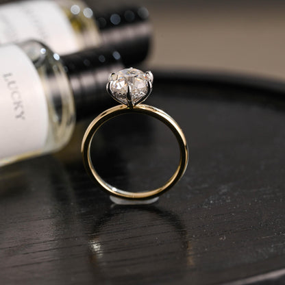Two-Tone Solid Gold Round Cut Moissanite Engagement Ring, Hidden Halo Promise Ring, Anniversary Gift for Women Wife