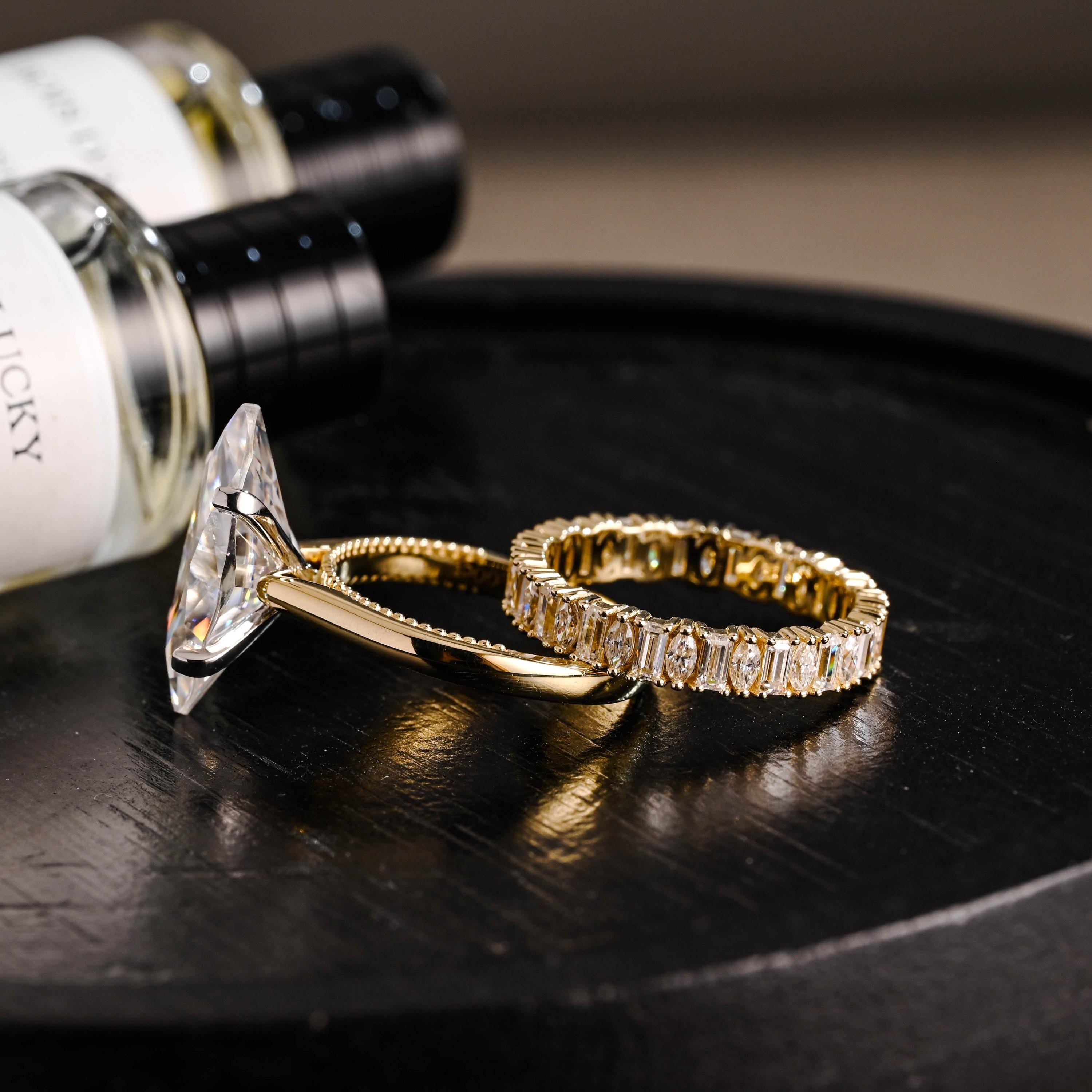 Beaded Marquise Moissanite Engagement Ring Set, Solid Gold Bridal Set, Emerald Cut Wedding Ring