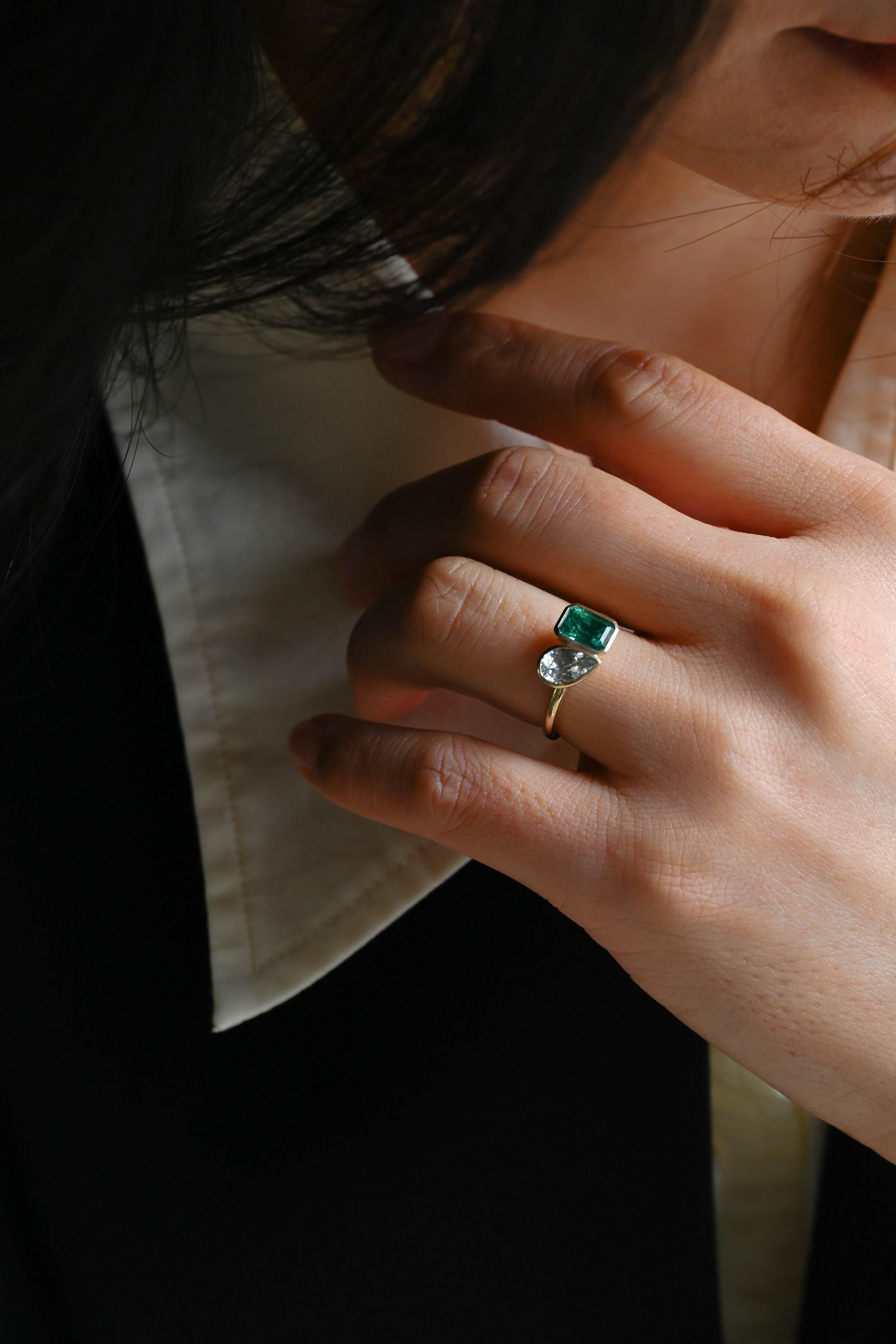 Solid Gold Toi et Moi Lab Grown Emerald & Pear Santa Maria Color Sapphire Engagement Ring