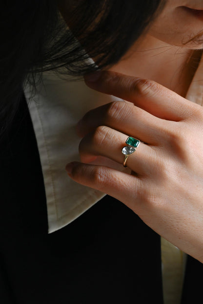 Solid Gold Toi et Moi Lab Grown Emerald & Pear Santa Maria Color Sapphire Engagement Ring