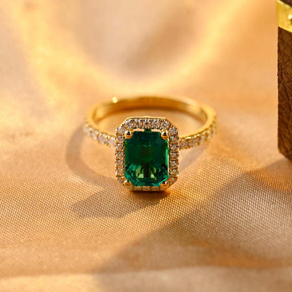 Lab Grown Emerald Engagement Ring, Vintage Style Halo Pave Moissanite Wedding Ring, Anniversary Gemstone Ring, Moissanite Gift, Emerald Ring