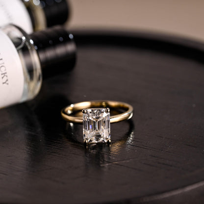 Solid Gold Emerald Cut Moissanite Engagement Ring, Solitaire Emerald Cut Wedding Ring