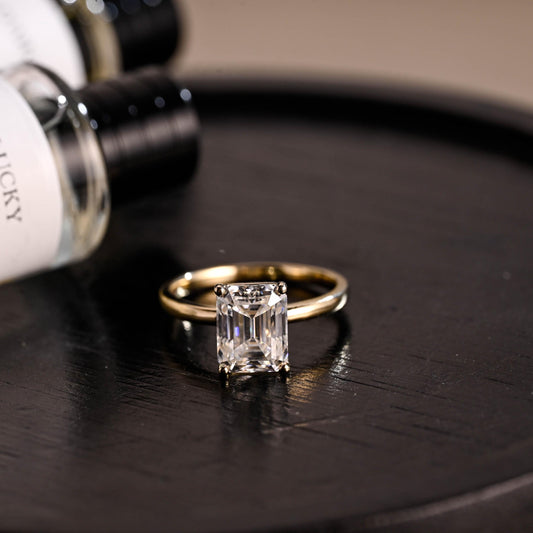 Solid Gold Emerald Cut Moissanite Engagement Ring, Solitaire Emerald Cut Wedding Ring